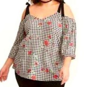 Torrid 3 - Black and white gingham with red rose print cold shoulder blouse